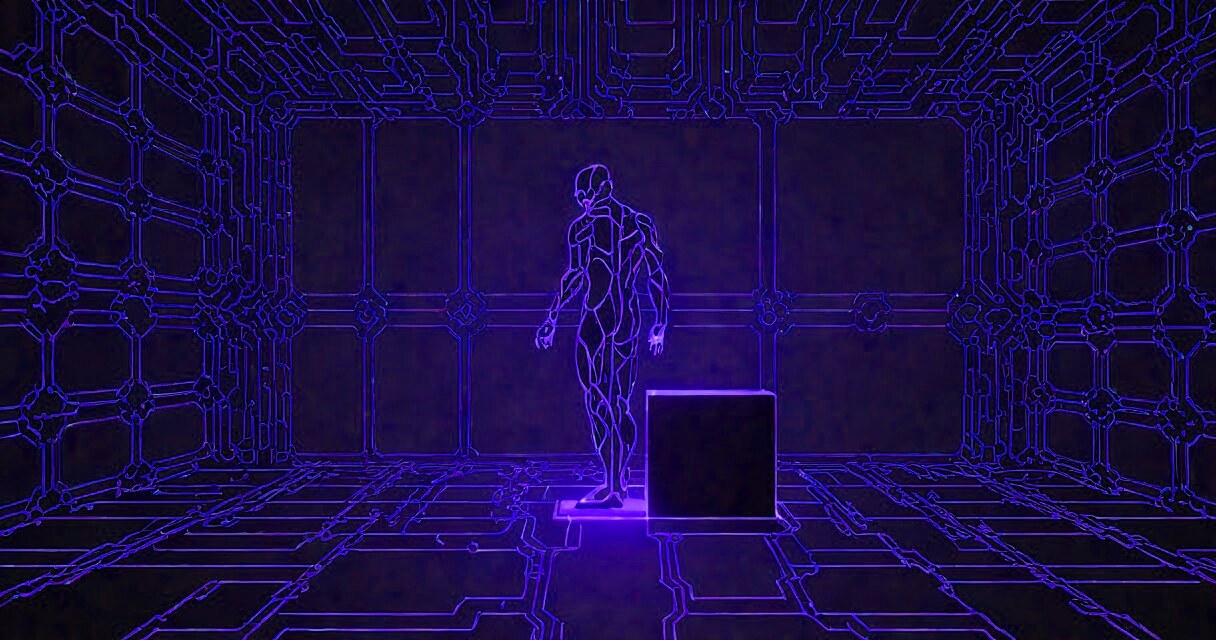 A figure mid-bow before a glowing made object on a perspective grid — The Signal.