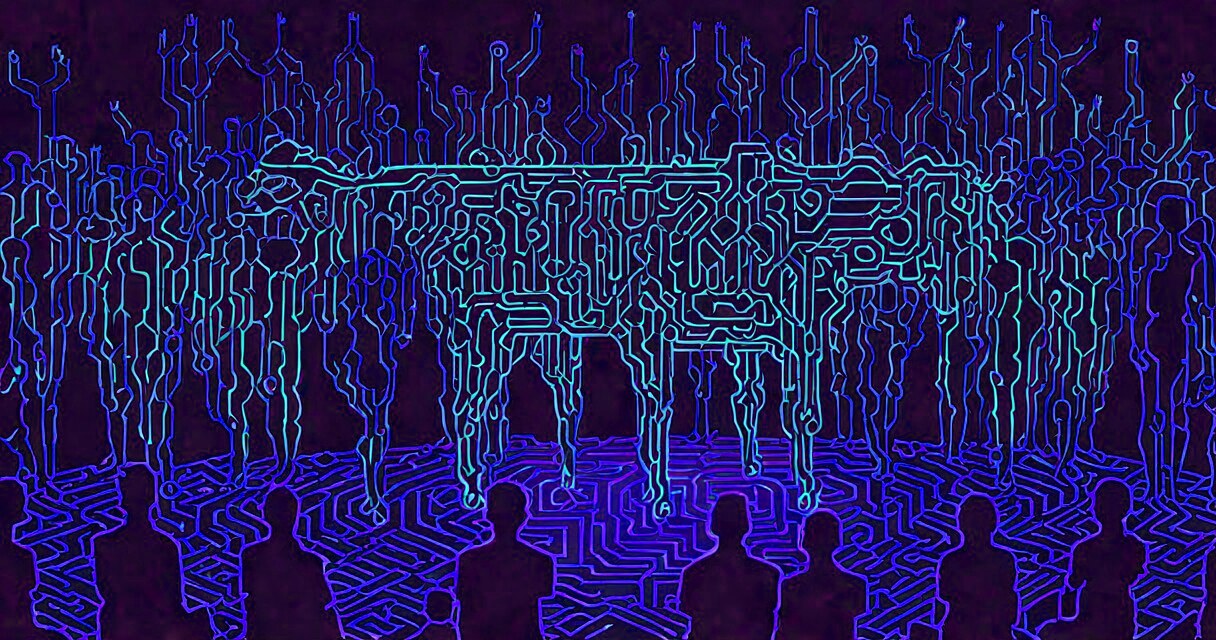A crowd encircling a glowing calf-idol on a perspective grid, gold streaming in from every hand — The Signal.