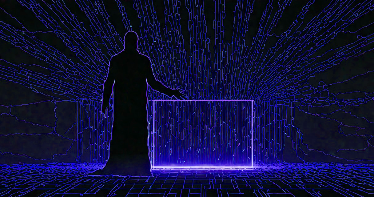 A glowing opaque oracle-box on a perspective grid with a small figure querying it — The Signal.